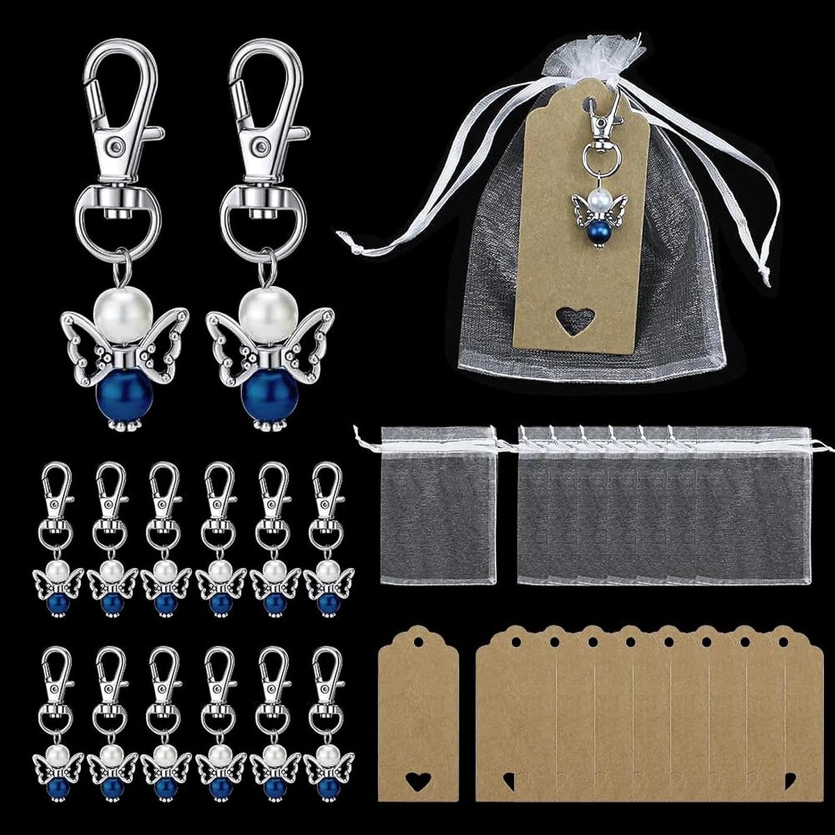 Sleutelhanger met engel - 30 stuks blauw parel - inclusief organza zakjes en bedanktags - ShopVlot