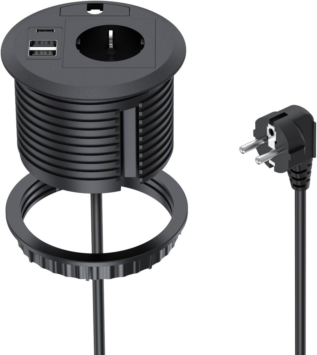 Inbouwstopcontact met 2 USB-A, 1 USB-C - Ø 80 mm - zwart - voor keukenblad of bureau - ShopVlot