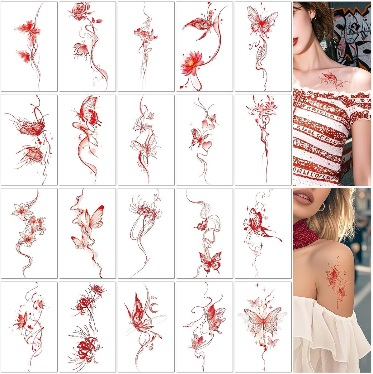 Tijdelijke Tattoos - 20 Bladen Rode Vlinders - Vintage Stijl - Waterproof en Langdurig - ShopVlot