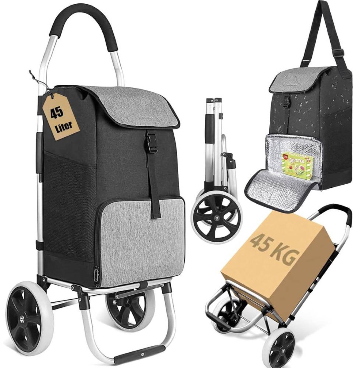 Inateck Boodschappentrolley met groot laadvermogen en warmte-isolerende tas, lichte boodschappentas met wielen, max. Belasting 45 kg, 45L, zwart