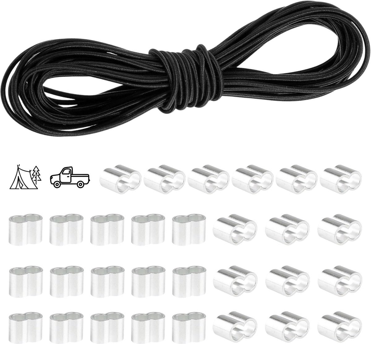Elastiek touw 6mm 20m - UV- en waterbestendig rubberkoord - ideaal voor zeilen en kamperen - inclusief 30 klemmen - ShopVlot