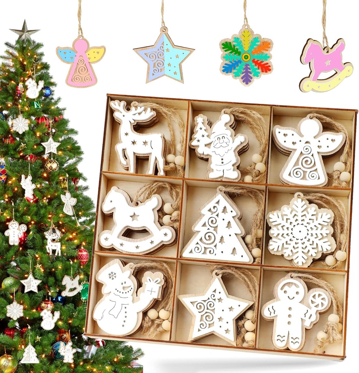 Houten kerstdecoratie 27-delig - dubbele laag - diverse figuren - perfect voor DIY versiering - ShopVlot