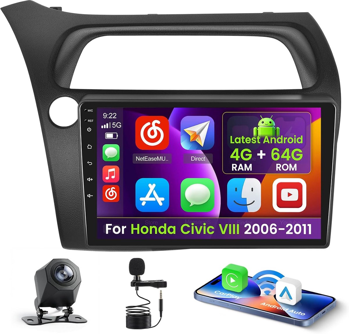 Autorradio 9 inch - Android 15 - 4GB+64GB - Draadloze CarPlay en Android Auto - Geschikt voor Honda Civic VIII - ShopVlot