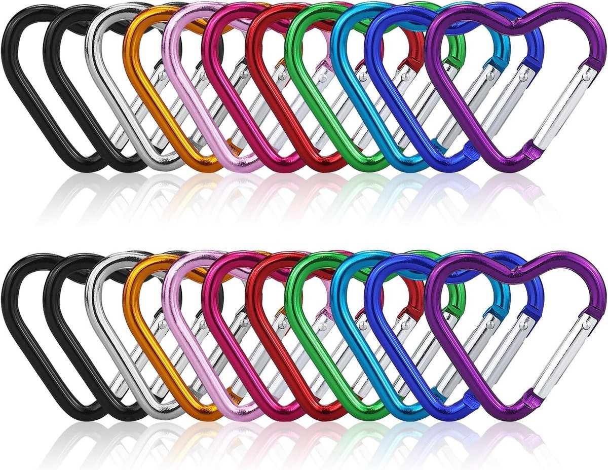 Set van 22 Kleine Hartvormige Aluminium Carabiner Haakjes - Multikleur Sleutelhangers - Stevig en Lichtgewicht - ShopVlot