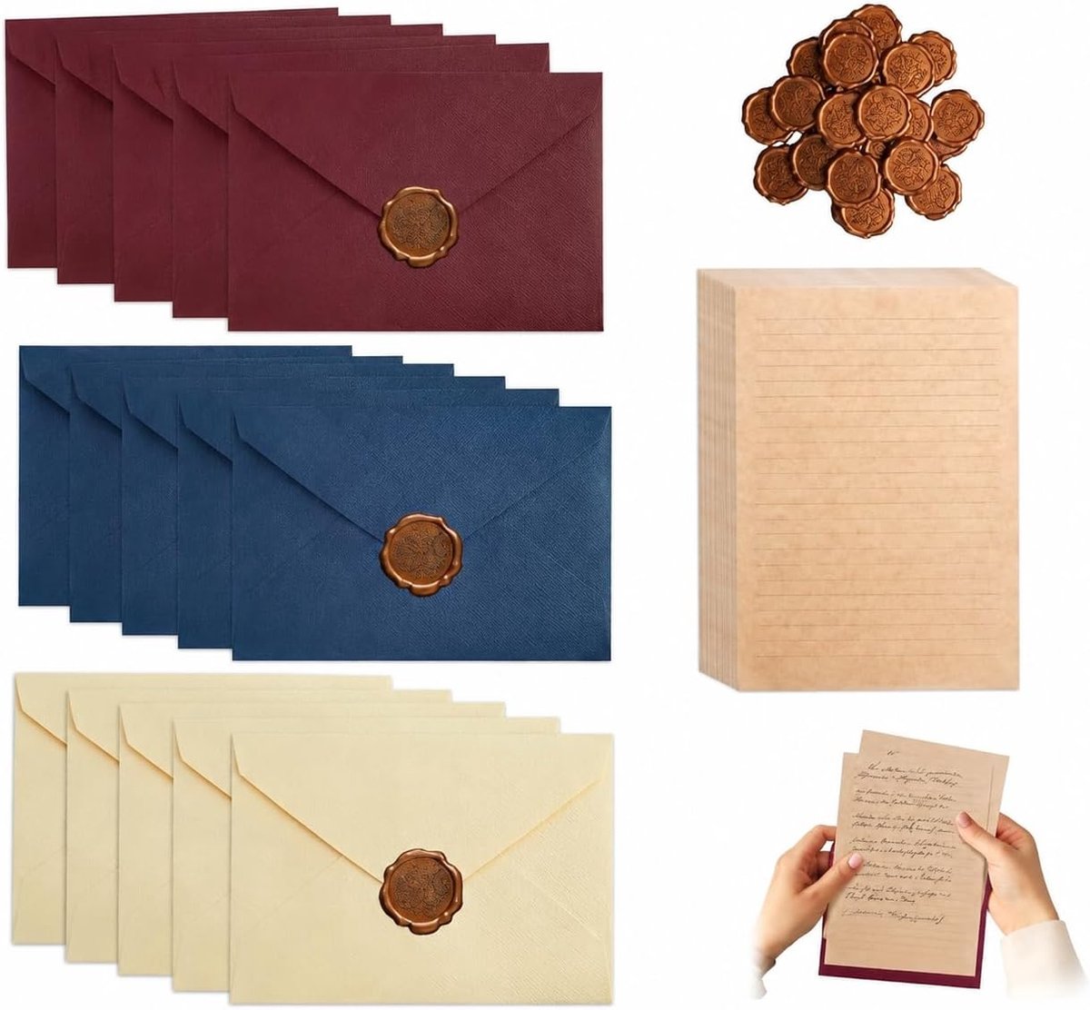 Vintage stijl briefpapier set 50-delig - inclusief 15 linnen enveloppen - met waszegels - perfect voor uitnodigingen - ShopVlot