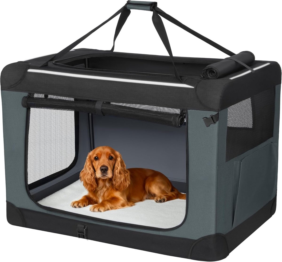 HILINSIE Opvouwbare Hondenbench met 3 Deuren, 76,2 x 53,4 x 53,4 cm, Grijs,Draagbare Opvouwbare Reisbench, Ademende Bench voor Huisdieren, Geschikt voor Grote Honden, voor Binnen en Buiten
