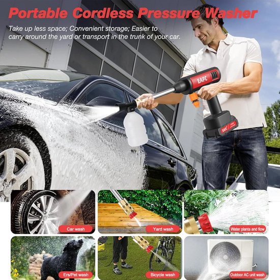 draadloze hogedrukreiniger - elektrische waterpistool voor auto’s met batterij en extra grote capaciteit - met schuimsproeier - verstelbaar mondstuk - draagbare hand-sproeipistool voor auto - huis - vloer - badkamer en watergeven — afbeelding 3