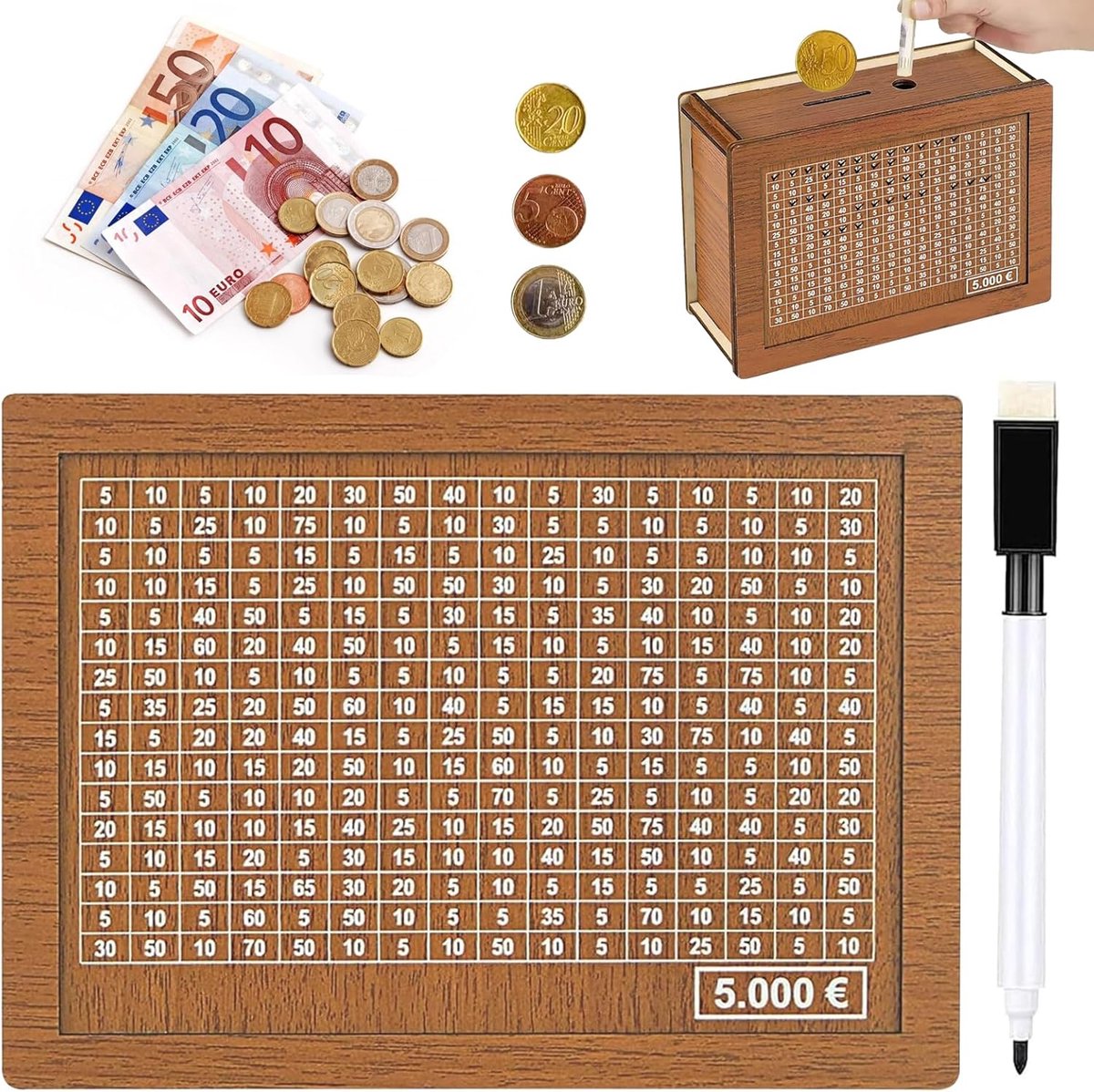 Spaarpot Houten - Retro Design - Met Markers en Cijfers - Leer sparen met plezier - ShopVlot