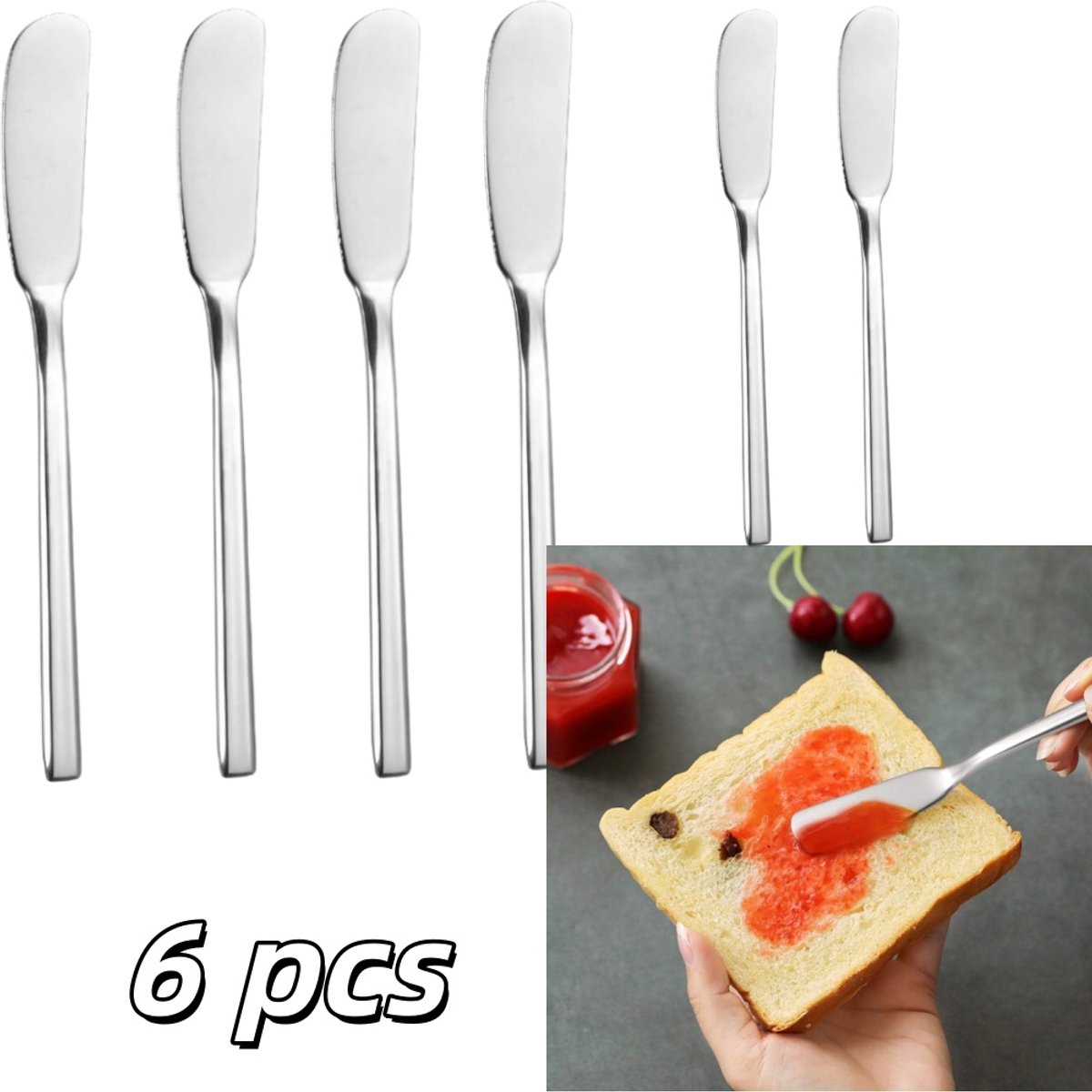 6-delige set - Roestvrijstalen botermes - Glad lemmet - Jamspatel - Kaasschraper - 16,5 x 2 cm - Geschikt voor thuis en in de keuken - Zilver