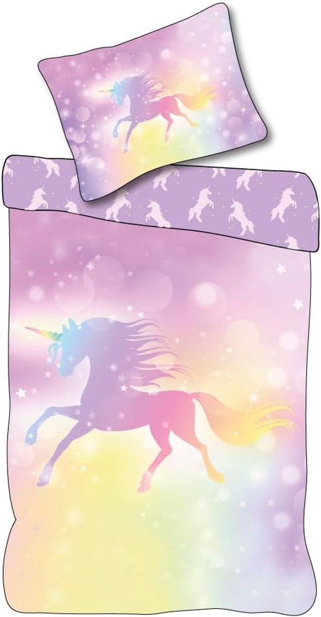 Beddengoedset Eenhoorn 135x200 cm - 100% katoen - Omkeerbaar motief - Huidvriendelijk en ademend - ShopVlot