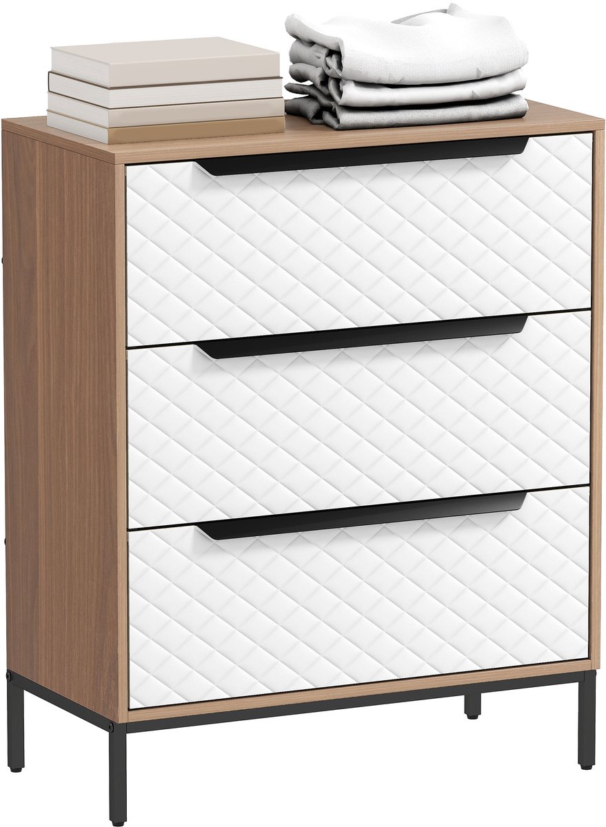Social® Ladekast met 3 Stoffen Lade - Commode met Diamantpatroon - Opbergkast voor Slaapkamer - Woonkamer en Kantoor - Houtlook en Wit - 59,5x30x73,5 cm