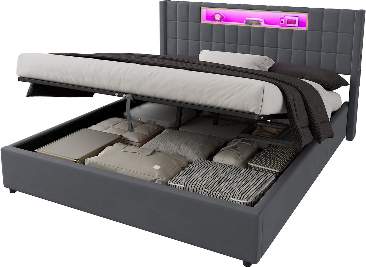 MODFU Gestoffeerd Bed 180x200 cm – 214x191x98 cm – Met LED, USB & hydraulische opbergruimte – Grijs – Incl. lattenbodem