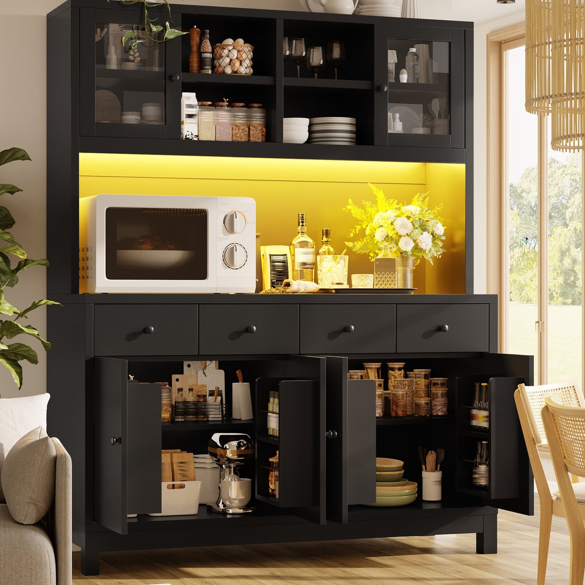 OKWISH Keukenkast - Buffetkast Met RGB Led en App-Bediening - 140 x 38,5 x 180 cm - 4 Lades, Glazen Deuren - MDF Zwart