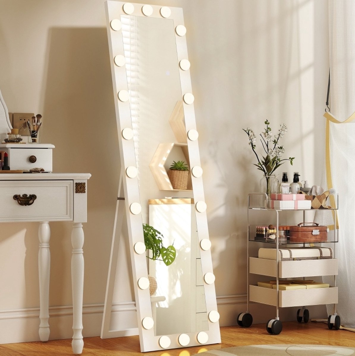 Spiegel Met Verlichting Staande Spiegel 150 X 40 Cm Met 24 Lampen Drie Lichtstanden MDF Wit Voor Slaapkamer Dressing Woonkamer