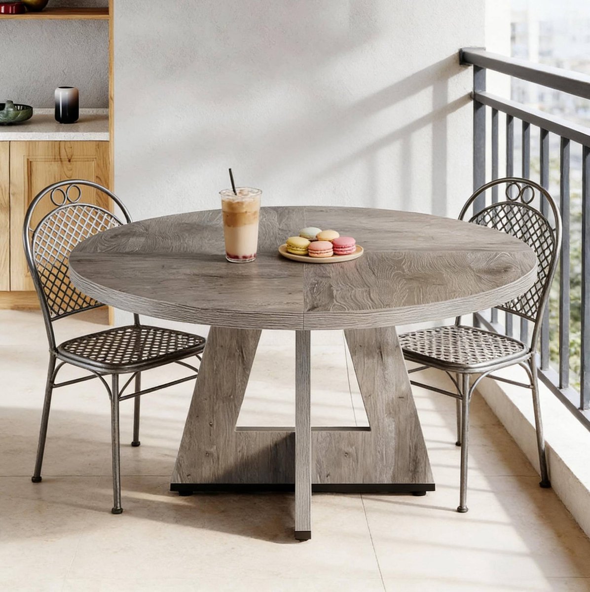 MODFU Eettafel - Rond - Landelijke Stijl - Hout - Grijs - 120 Cm