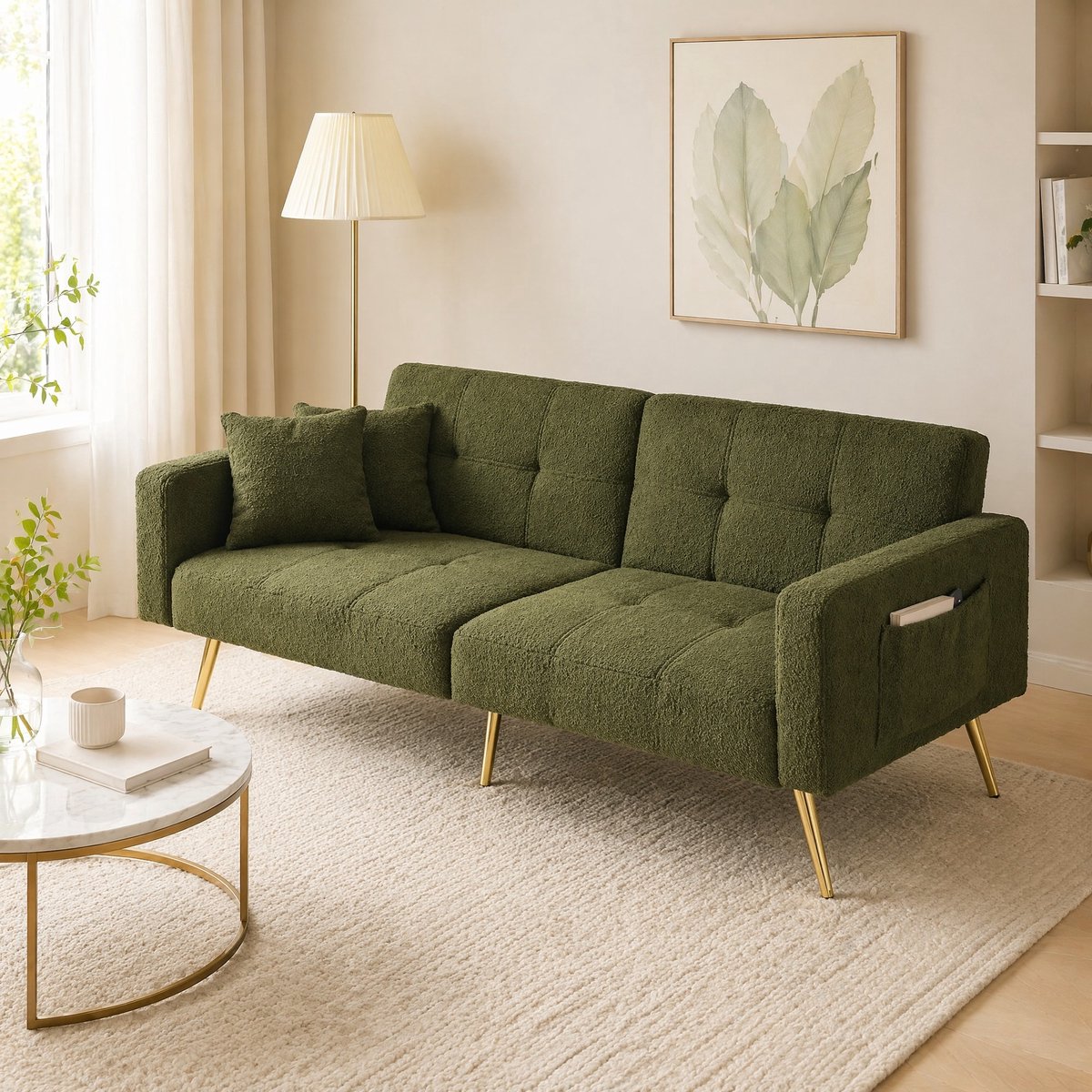 MEUNIQ slaapbank 175 x 64 x 72 cm met bedfunctie, verstelbare rugleuning 105 138 180 graden, sherpa stof, gouden poten, zijvakken en kussens, groen