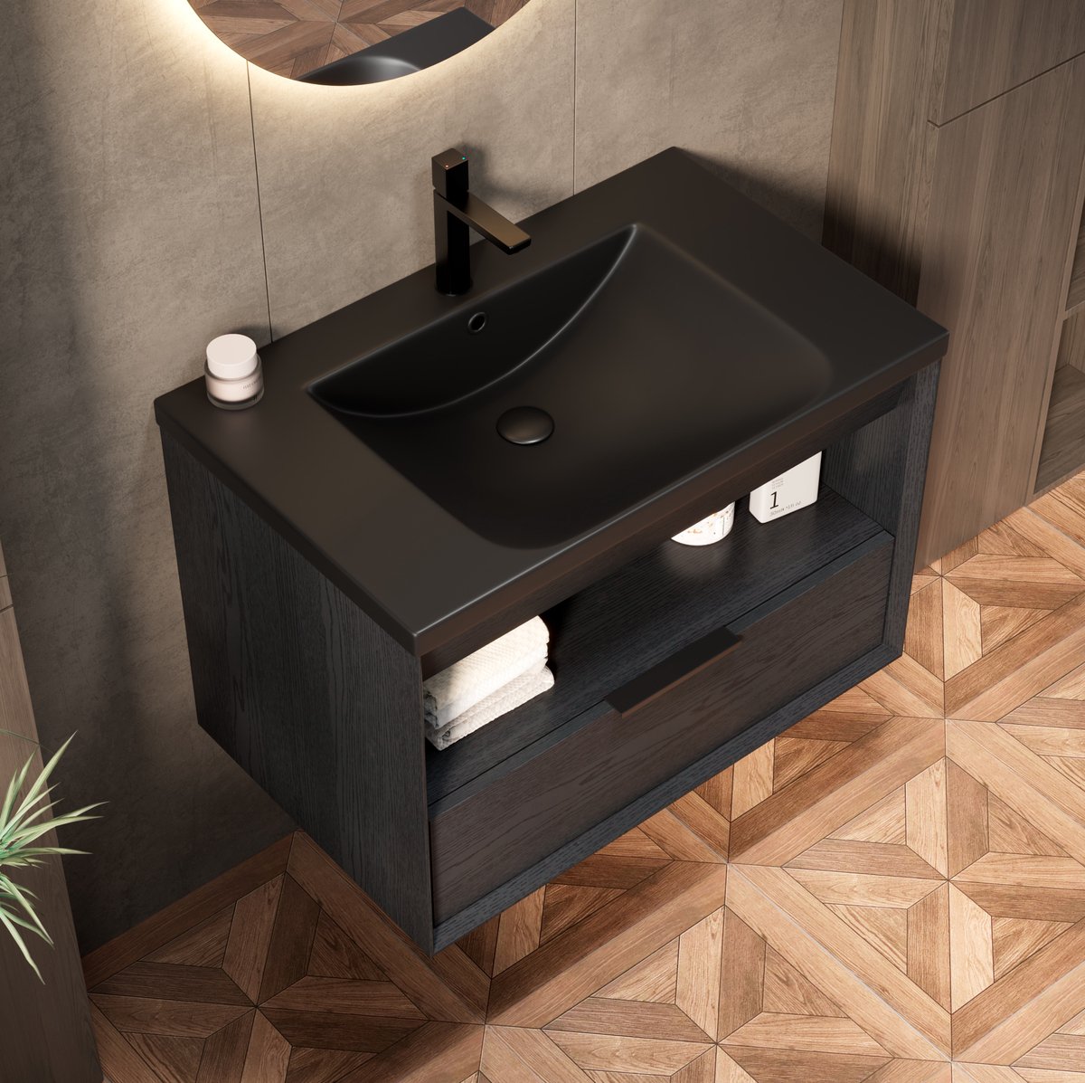 MIVRAY Badkamerkast - Zwevend Wastafelmeubel Met Lade En Open Vak - Voor Badkamer - Keramiek En Hout - 74,5x46,5x48 Cm