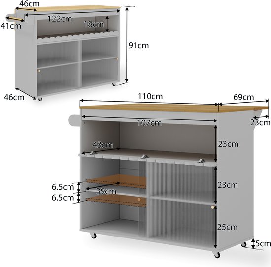 MODFU-Keuken Eilandwagen-Opklapbaar-Gehard Glas-Fineer-MDF-Grijs-122 X 46(69) X 91 Cm van modfu — afbeelding 4