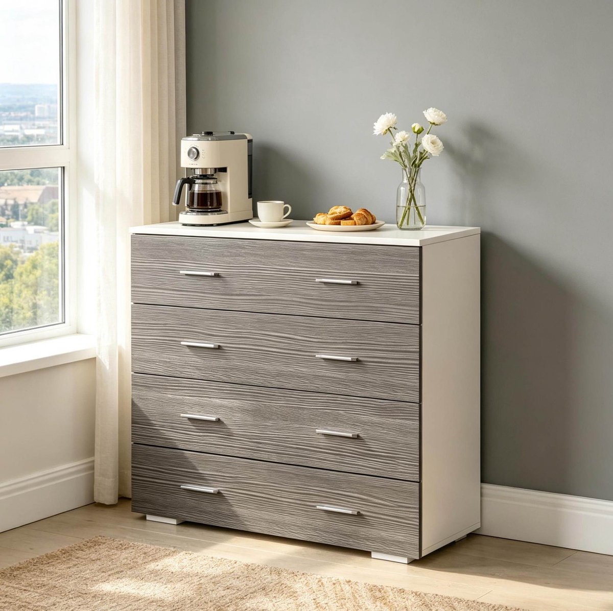 MODENUIT Ladekast - 4 Lades Voor Woonkamer En Slaapkamer - Spaanplaat En Metaal - Grijs Wit - 76x35x72 Cm