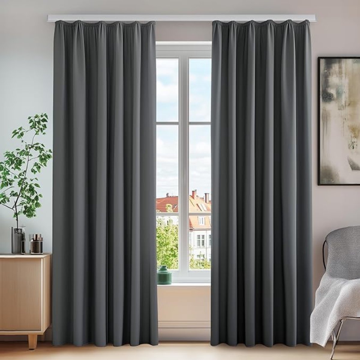 SNJY® Gordijnen Kant en Klaar met Haakjes - Gordijnen Verduisterend - Vitrage Kant en Klaar met Haakjes - 175H x 140B cm - Donkergrijs