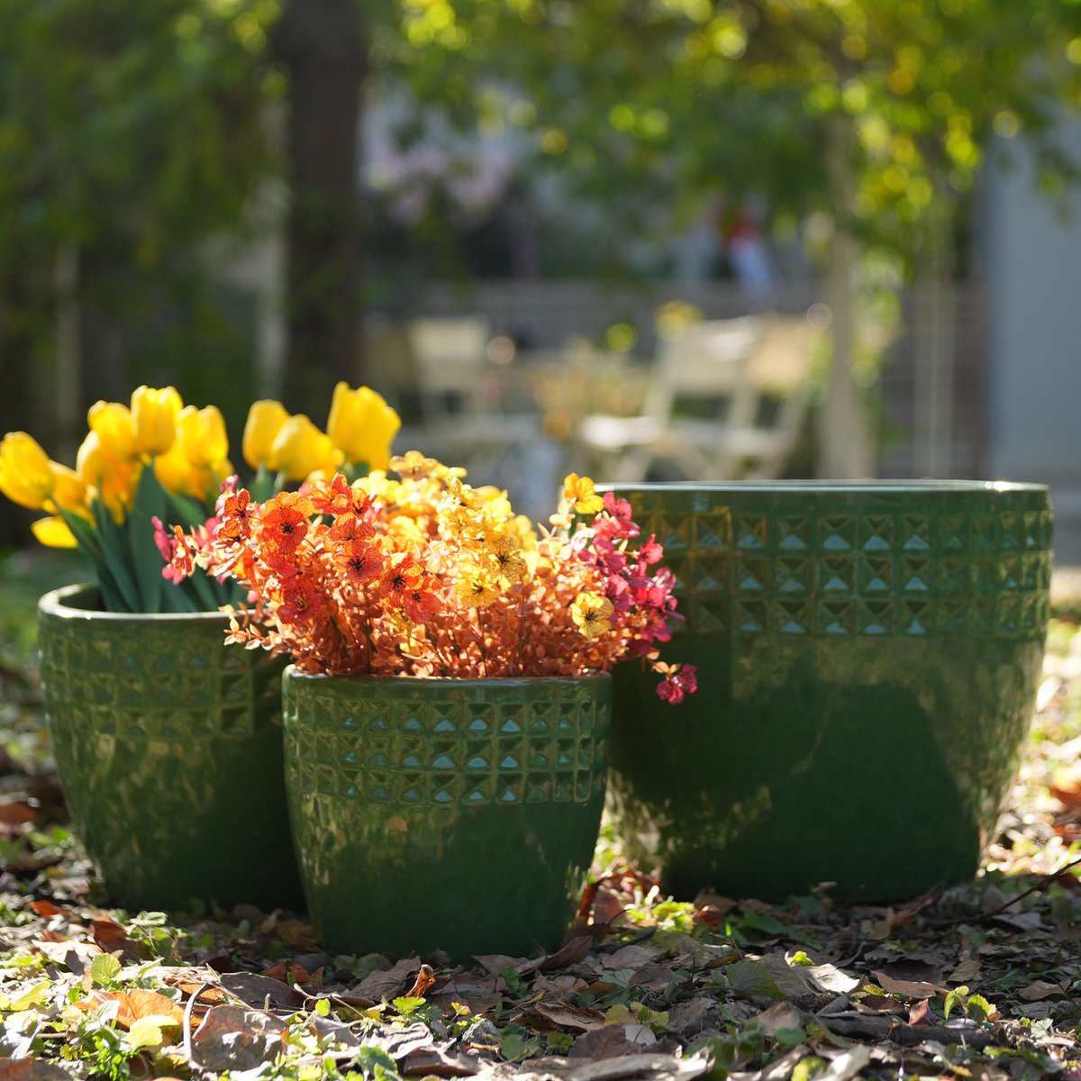 Bloempot Set – 3 Delig – Handgemaakt – 38,1 30,5 22,9 Cm – Keramiek – Groen – Ruitpatroon – Binnen En Buiten – Drainagegat