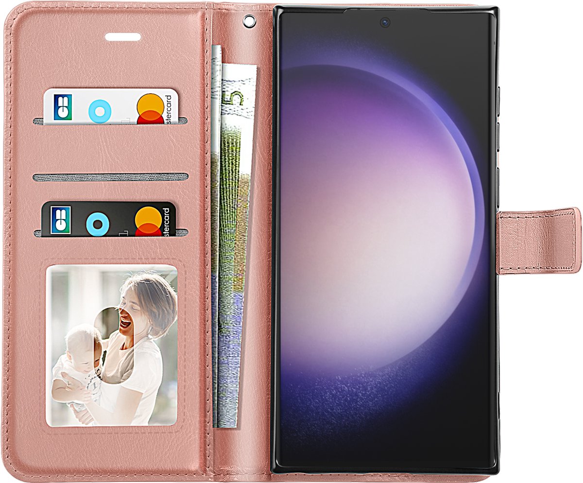 Mayaxess, Portemonnee Hoesje Geschikt voor Samsung Galaxy S23 Ultra met Polsband en Standaard, Roségoud