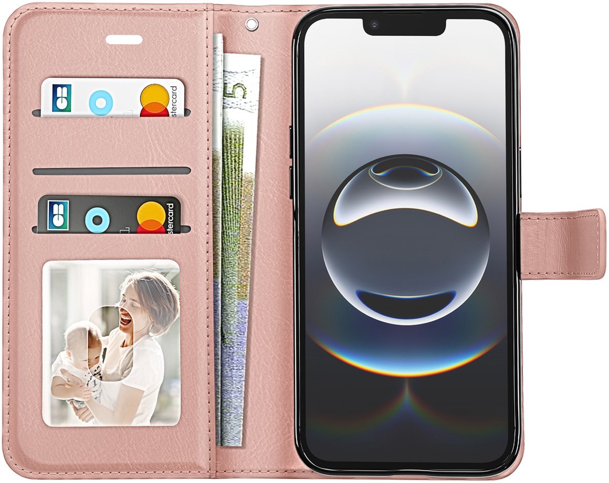 Mayaxess, Portemonnee Hoesje Geschikt voor Apple iPhone 16e met Polsbandje en Standaard, Roségoud