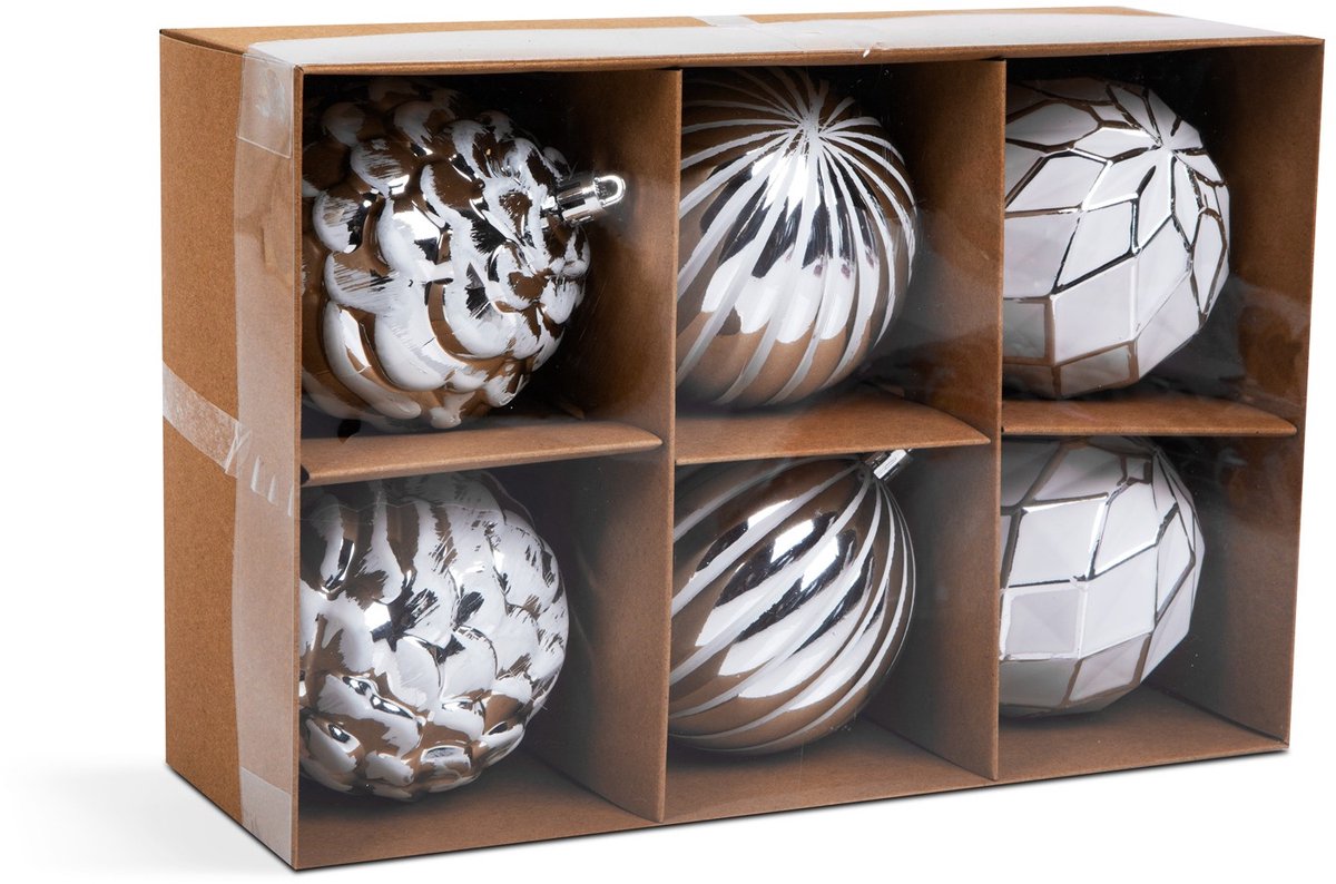 Kerstboomdecoratieset - Witte kerstballen (Ø8 cm) - 6-delig - kunststof met glanzende afwerking - zilveren hanger [58776]