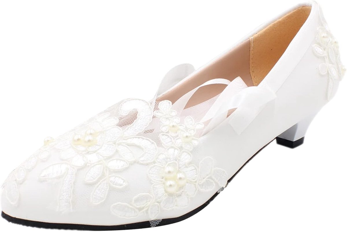 Dames elegante kanten borduursels flats/hooghakken wit trouwschoenen - met parels - stijlvol - perfect voor bruiloften - ShopVlot