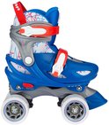 Blauwe rolschaats met wit/rood geometrisch patroon, verstelbare banden.