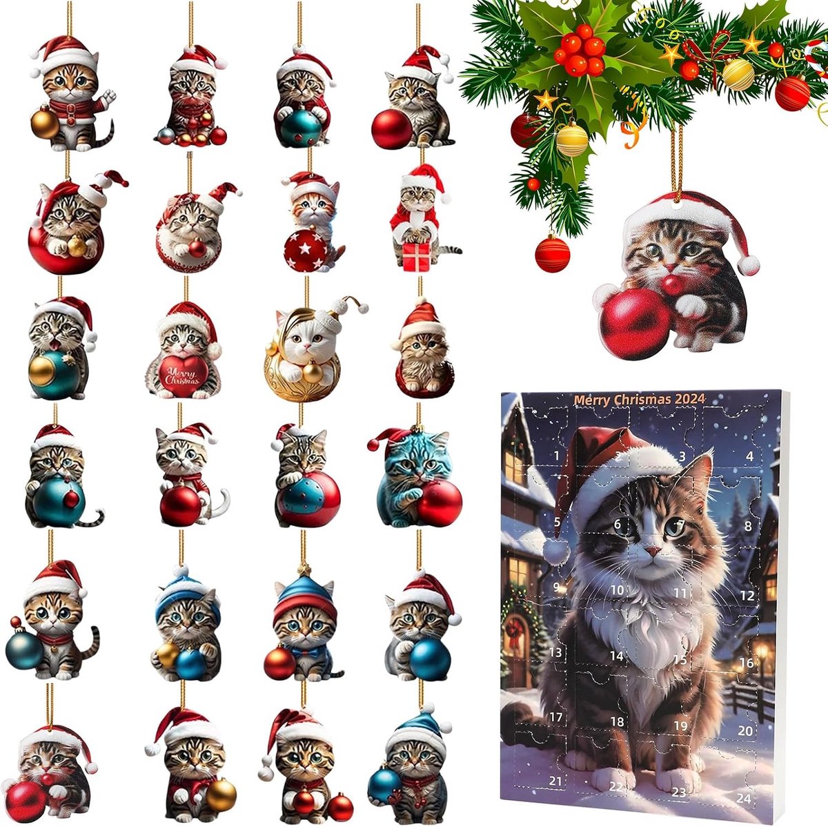 Kerstboomdecoratie katten - 24 dagen adventskalender - 2D acryl kattenhanger - feestelijke sfeer voor elke ruimte - ShopVlot
