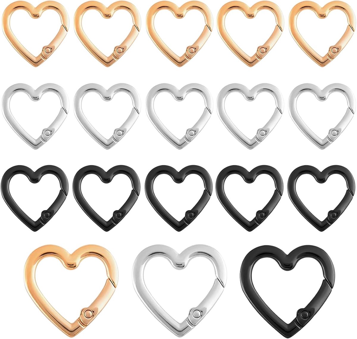 Carabiner haken 25mm - hartvormig - 18 stuks in goud, zilver en zwart - perfect voor outdoor gebruik - ShopVlot