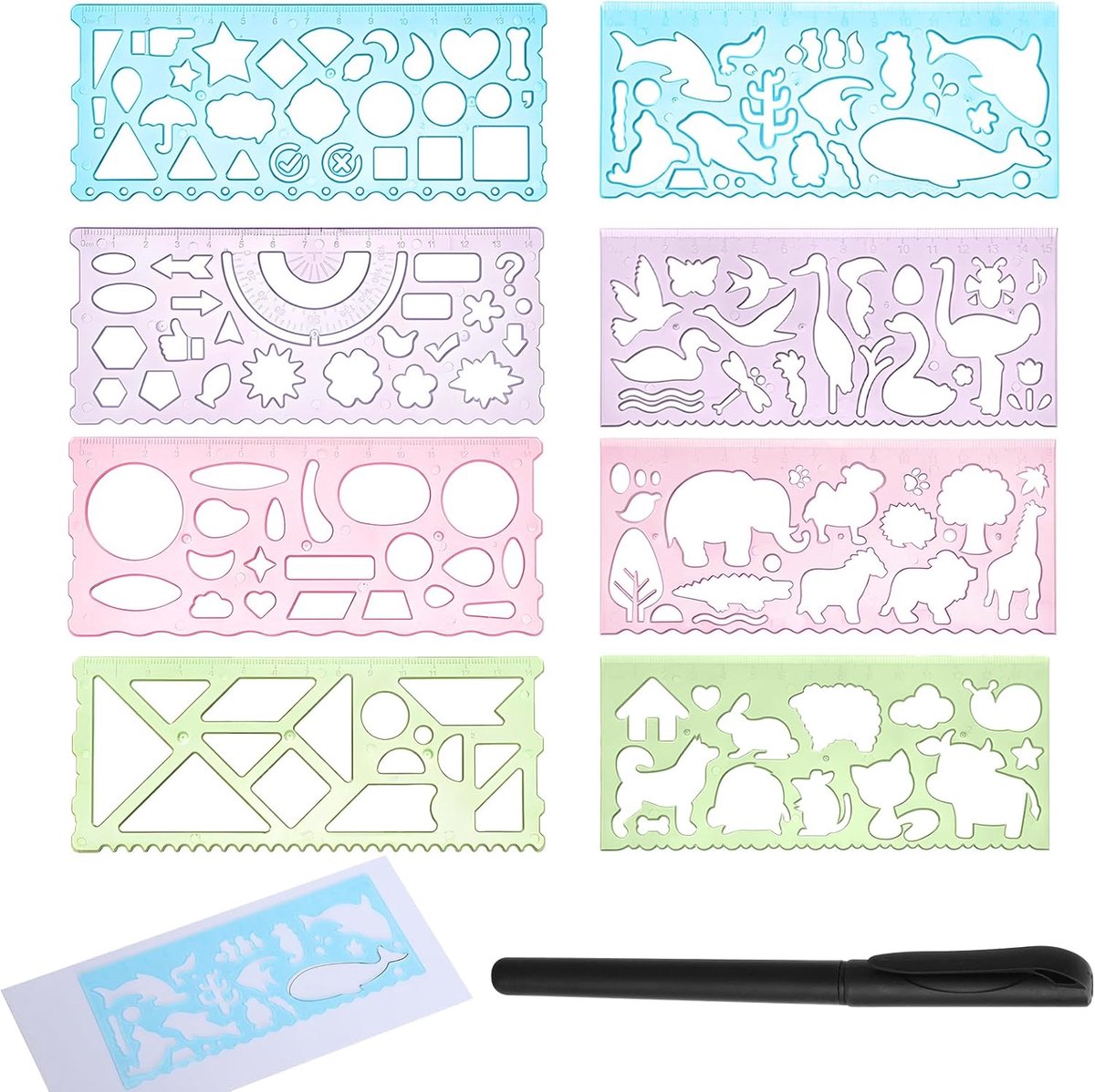 Schilderstencils voor kinderen - set van 8 met 15 cm liniaal - plastic ontwerpen met dieren en geometrische vormen - ShopVlot