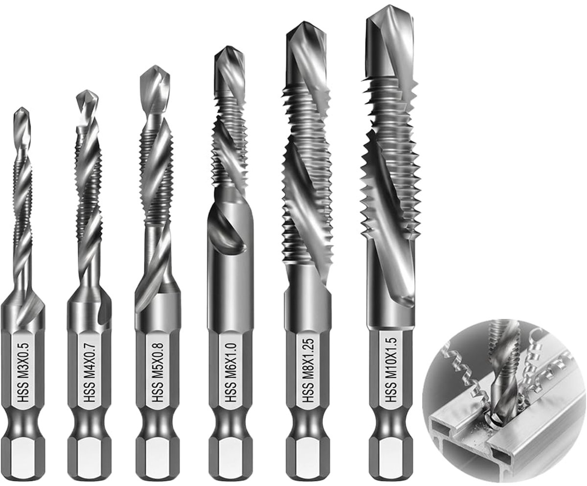 Combi-bitboren en draadsnijset 6 stuks - hogesnelheidsstaal - titanium gecoat - ideaal voor precisiewerk - ShopVlot