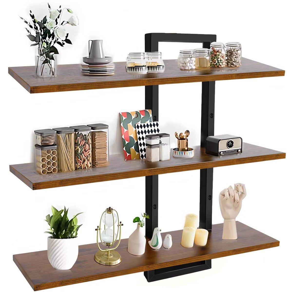 Cherrys Finds - Zwevende Wandplanken - Displayplank- 3-Laags - Rustieke Houten Planken - Wanddecoratie - Verstelbaar - Opbergrek - Mat Zwart en Hout