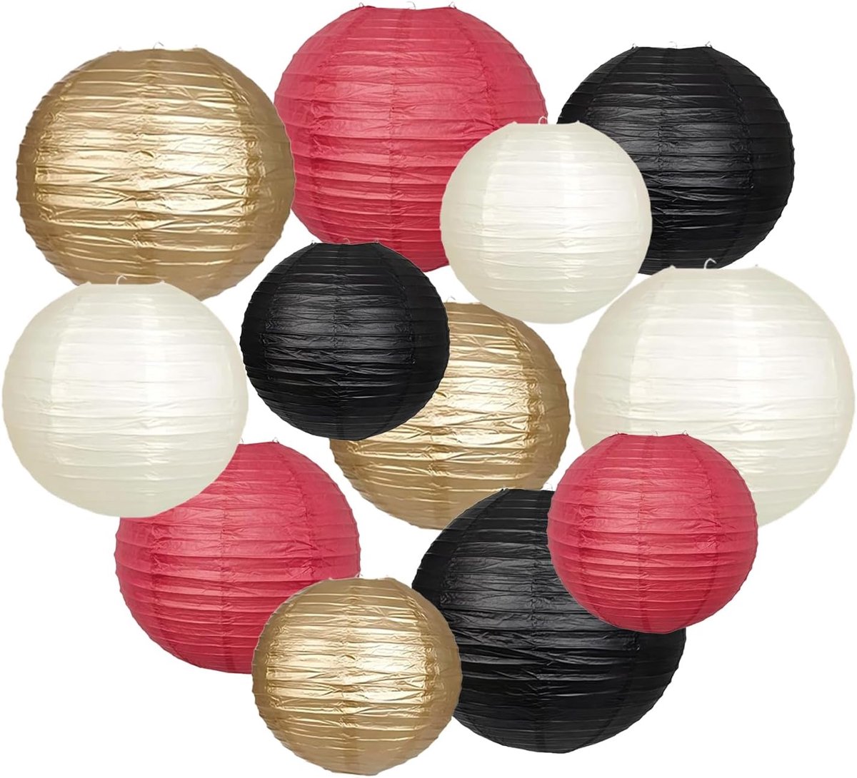 Papieren lantaarns 12 stuks - zwart, goud, ivoor, wijnrood - ronde decoratie - perfect voor feestjes - ShopVlot
