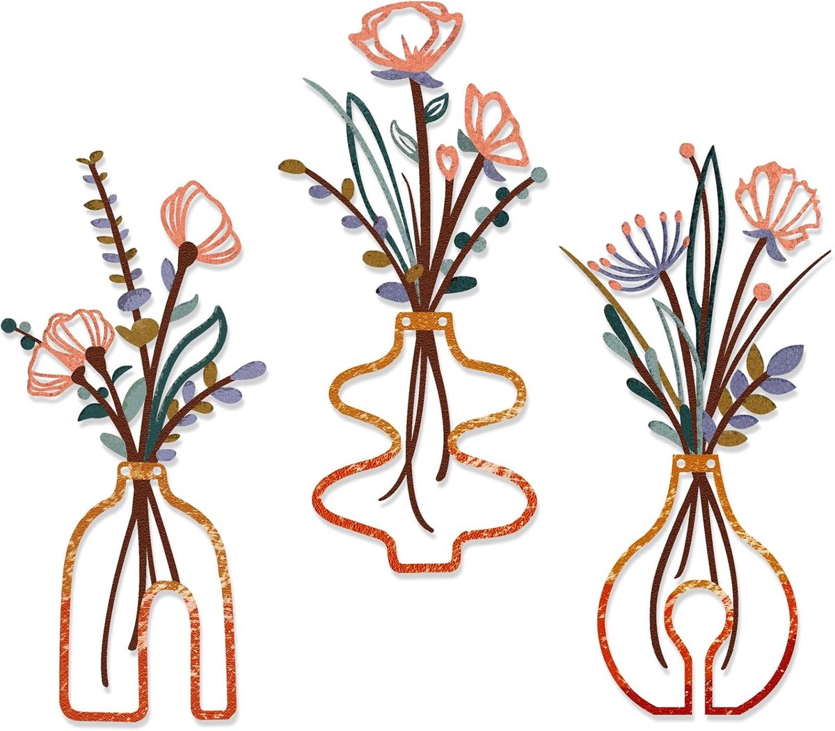 Metaal bloemen wanddecoratie set - Minimalistische bloemen in vaas - Stijlvolle muurkunst voor woonkamer - ShopVlot