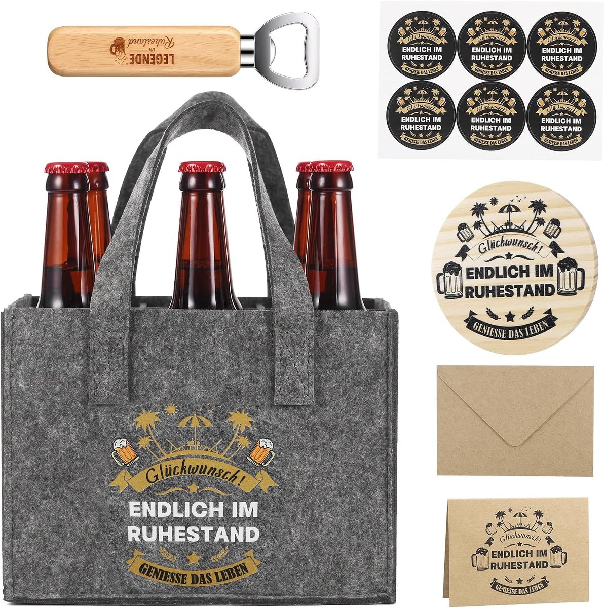 Pensieercadeau voor mannen - vilten handtas voor 6 bierflessen - inclusief flesopener en wenskaart - ShopVlot