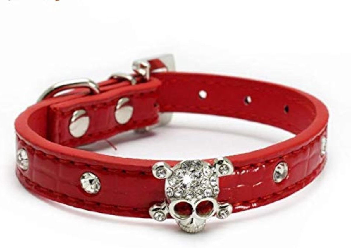 Hondhalsband klein - rood leer - sprankelende kristallen - stijlvol en elegant - ShopVlot