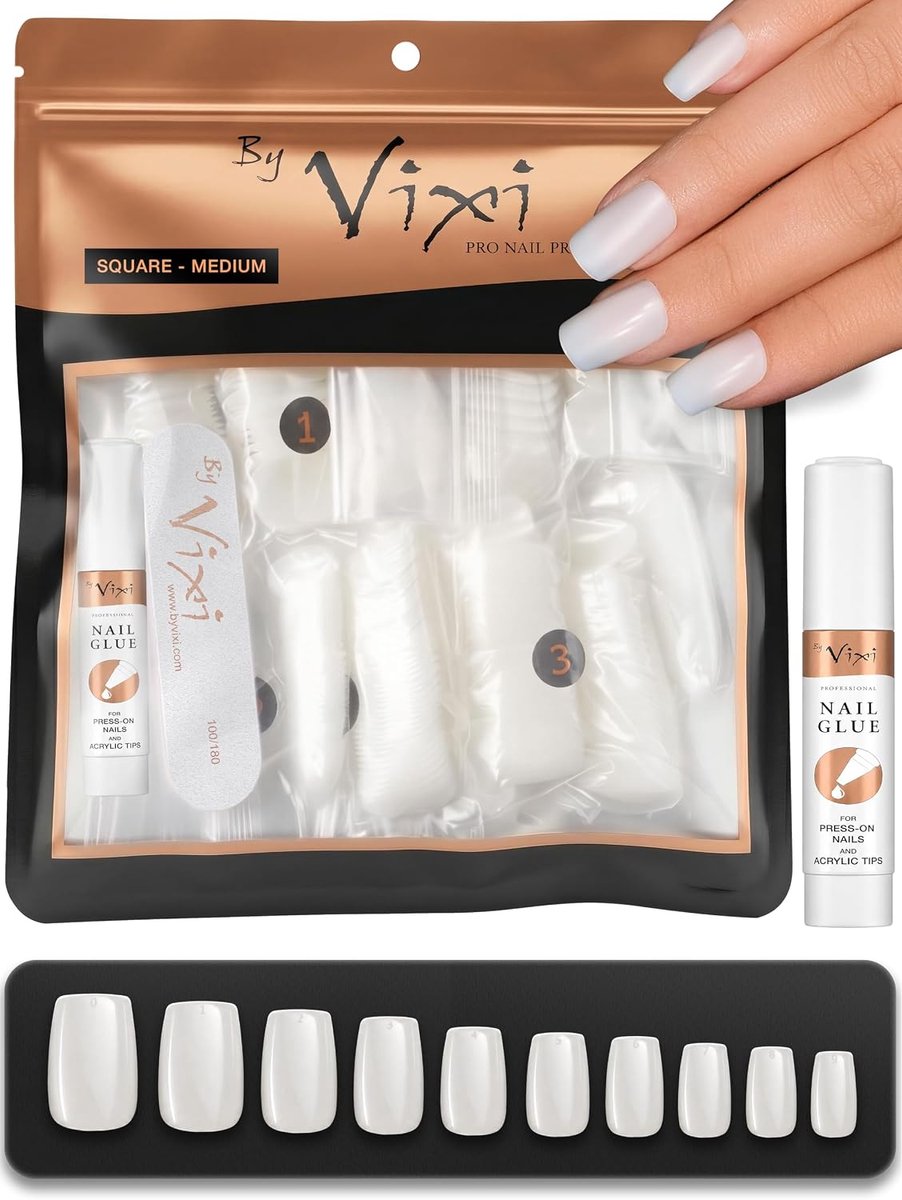 By Vixi 600 MEDIUM SQUARE NAIL SET with PREP FILE, 10 Sizes – Opaque, eye-catching full coverage artificial nail - ShopVlot