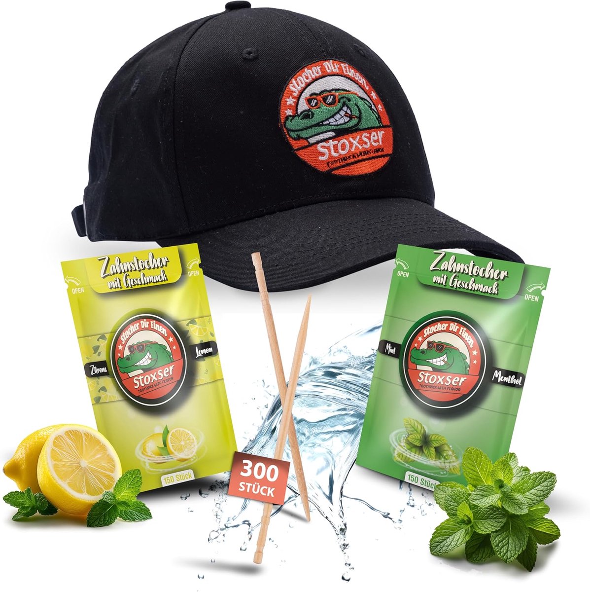 Cap, black, with free 300x toothpicks with flavor, no gum, supports toothpaste, toothbrush, tartar remover, flos - ShopVlot