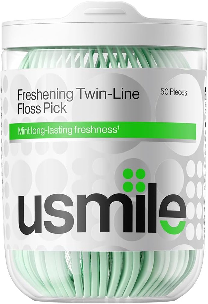 usmile Twin-Line Floss Picks, 50 Count, Mint Fresh, Zacht voor het tandvlees, Langdurige Reiniging, Tandzijde Sticks - ShopVlot