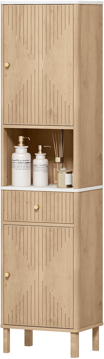 ECTEATOY® Hoge Badkamerkast - Met Lade en 2 Deurtjes - Kolomkast met Marmerlook Detail en Verstelbare Planken - 41,5x30x168 cm - Eiken