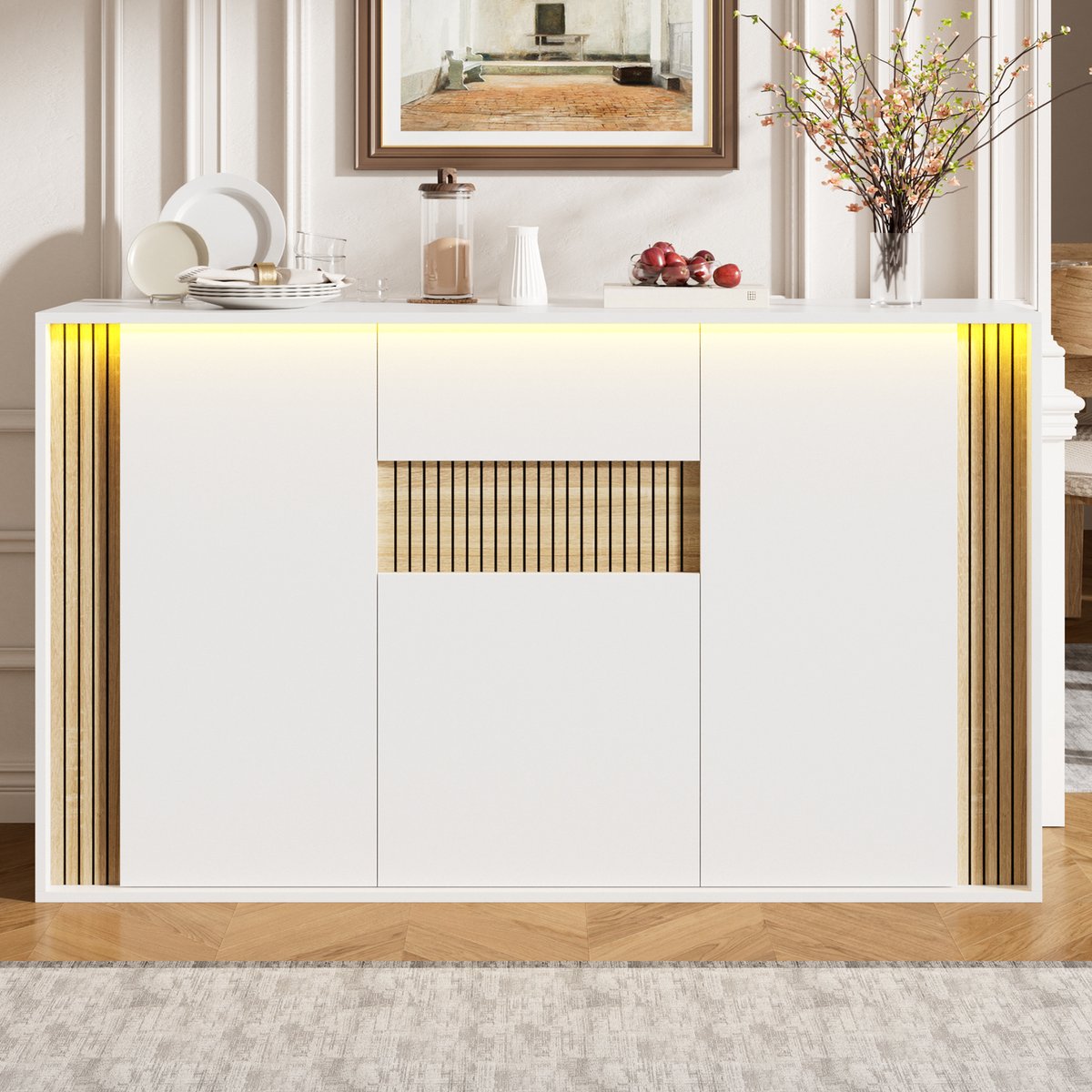 VVBV Dressoir 140x40x82 cm - Opbergruimte, LED-Verlichting, Met Lades, 3 Deuren - Wit/Naturel, Spaanplaat