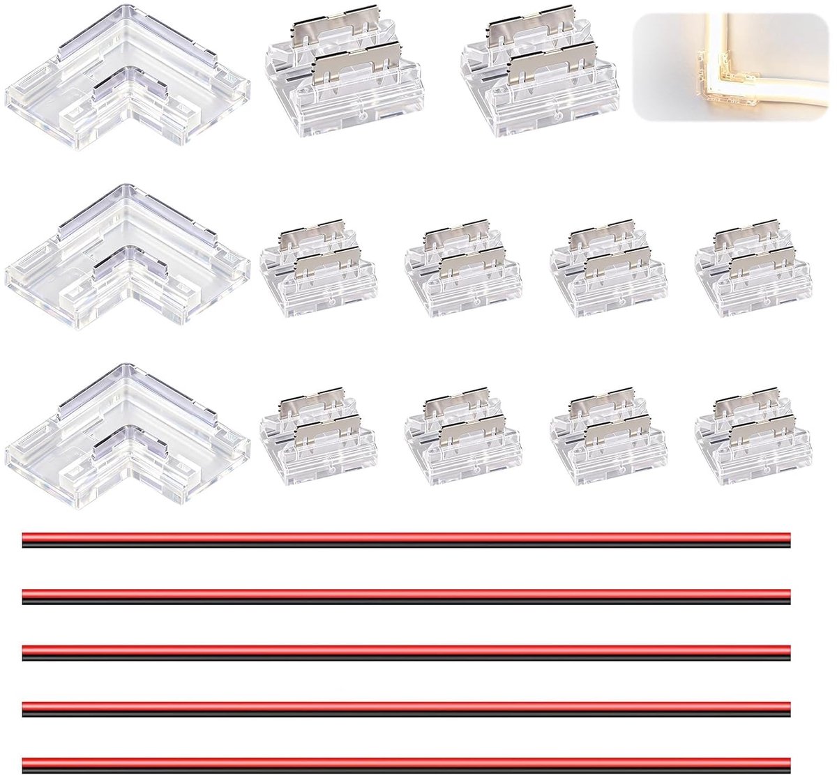 LED strip connector set 2 pin 8 mm - met 5 verlengkabels - 10 centrale gapless connectors - 3 L-vormige connectors - ShopVlot
