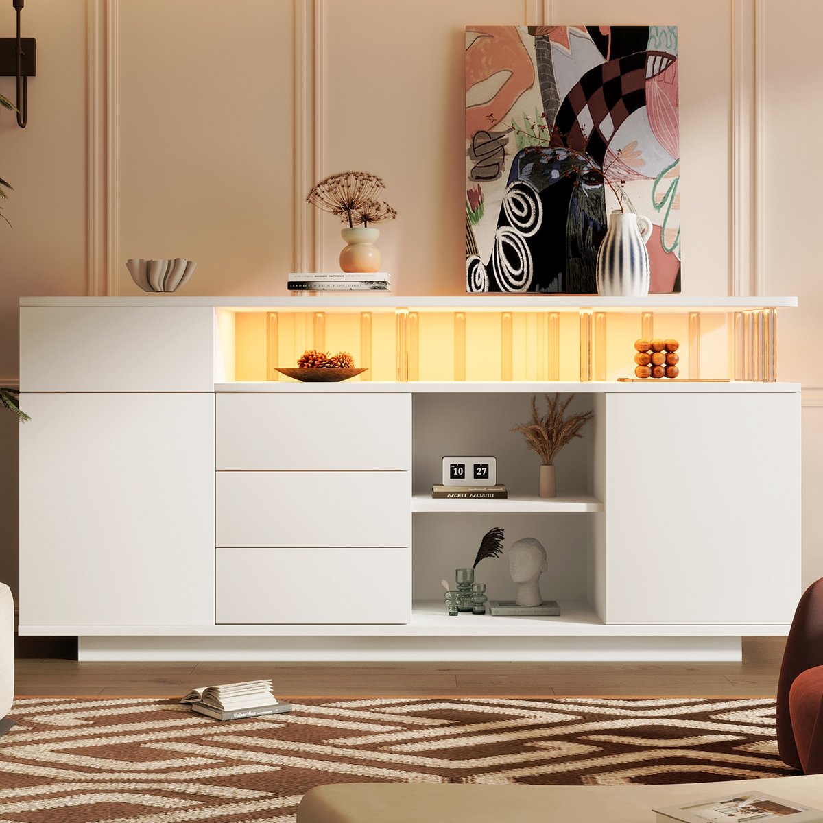 VVBV Dressoir 160x40x75 cm - Opbergruimte, Soft-Close, LED-Verlichting, 4 Lades - Wit, Hout