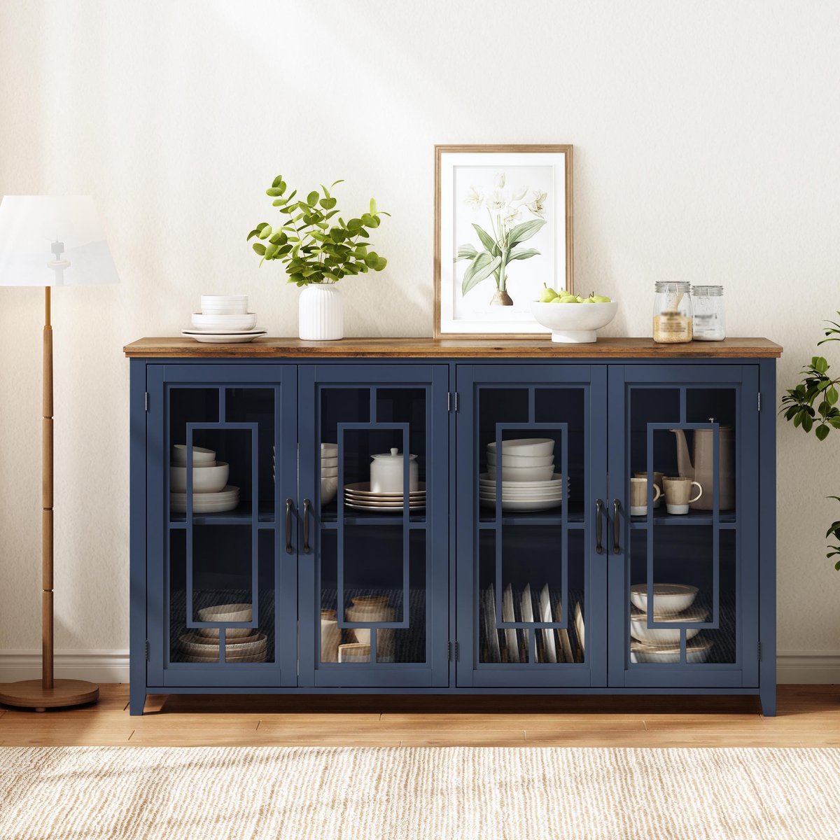 VVBV Dressoir 160x40x86 cm - Opbergruimte, Glazen Deuren, Met Planken - Blauw, MDF
