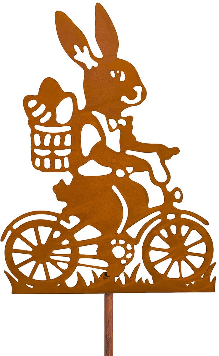 Tuinsteker Paashaas Metaal met Fiets - Weerbestendige Roestdecoratie voor Lente en Pasen