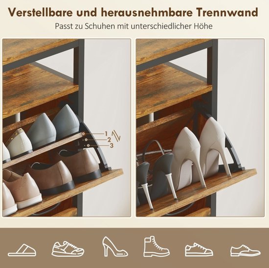 Schoenkast Met 4 Klapvakken En Open Vak - Smal Industrieel Design Voor Hal En Woonruimte - Hout En Staal - Rustic Brown - 98x24x95 Cm — afbeelding 3