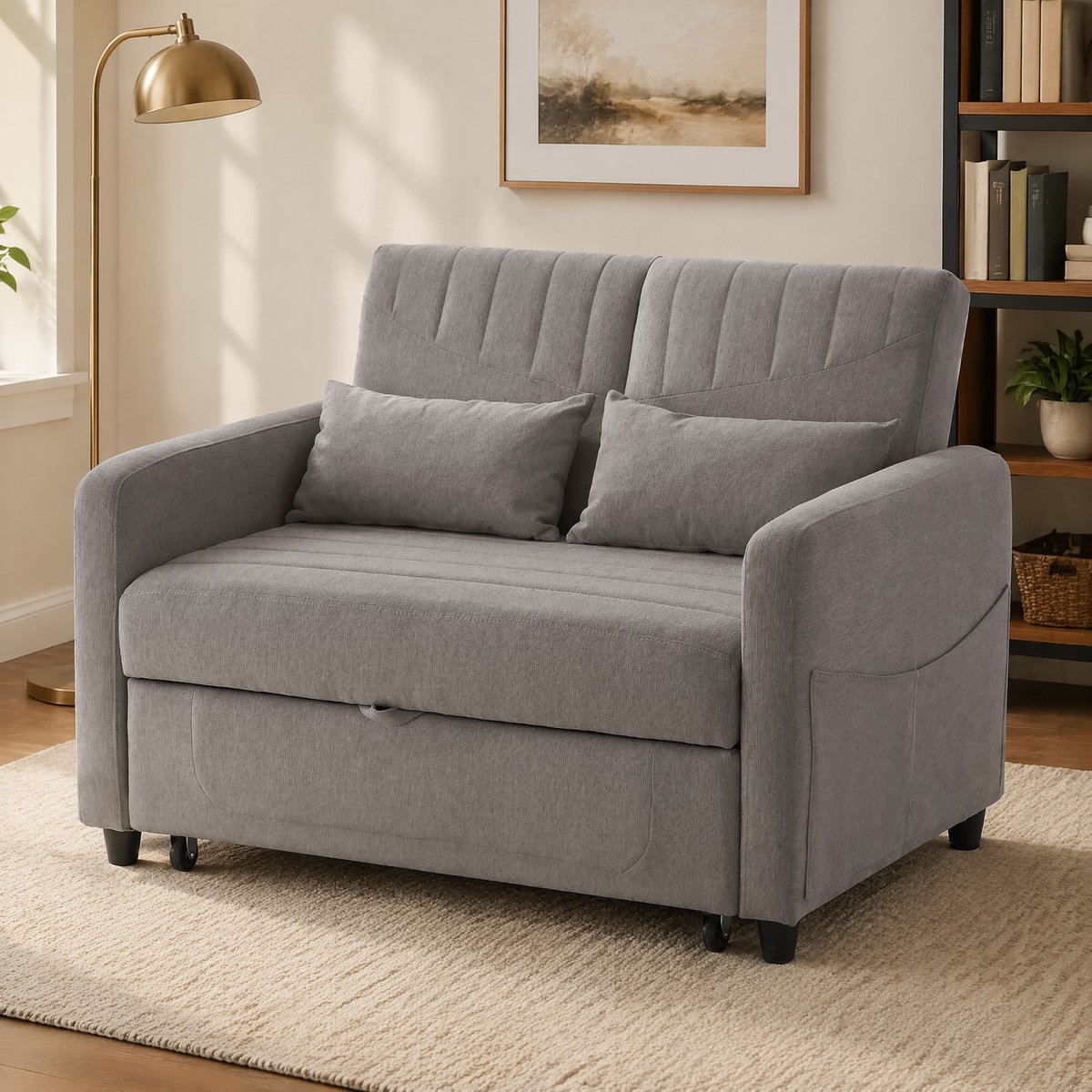 MEUNIQ slaapbank 2-zits uitrekbaar 114 x 77 x 82,5 cm met 3-voudig verstelbare rugleuning, katoen-linnen stof, 2 kussens en slaapfunctie voor woonkamer of slaapkamer, grijs